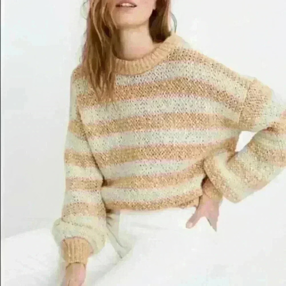 Madewell BAEZ Sweater Size XL White & Orange Stripes Chunky Knit Alpaca Wool - Picture 1 of 7